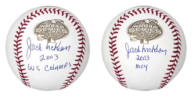 Lot of (2) Jack McKeon Autographed and Inscribed "2003 WS Champs" & "2003 MOY" Official World Series Selig Baseball (FSC)